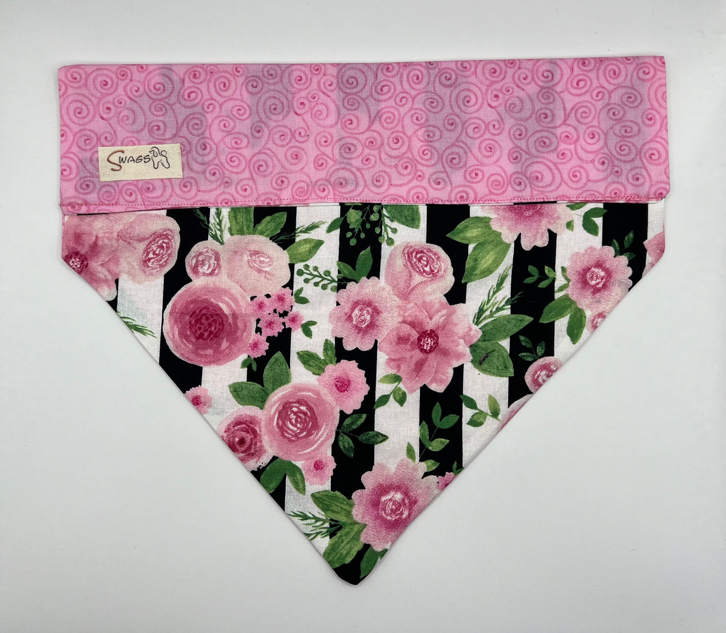 Pink Flowers on Black & White Stripes with Pink Swirls