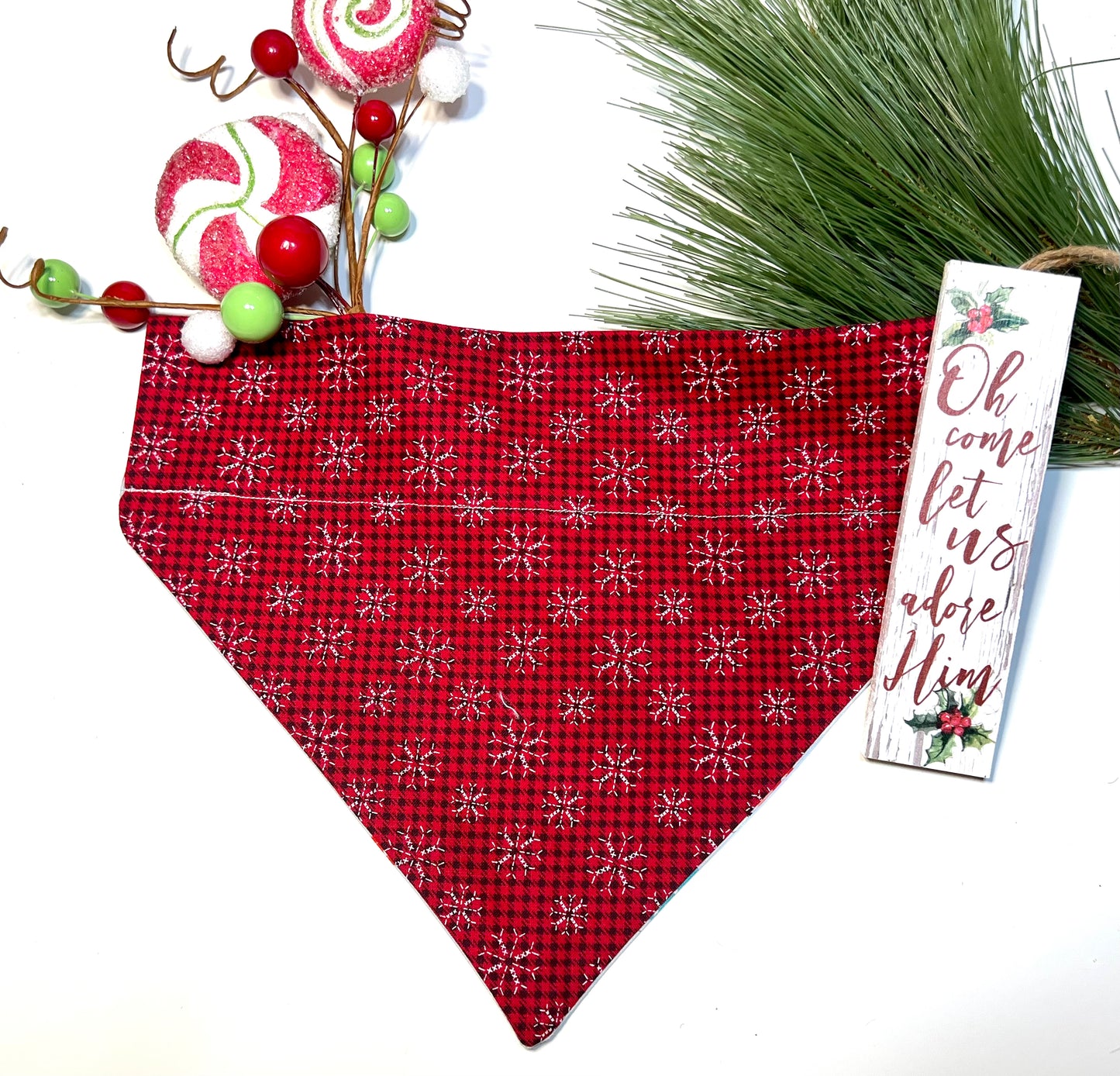 Red & Black Buffalo with Snowflakes on Grey Nomes, Snowflakes, peppermints & Candy Canes