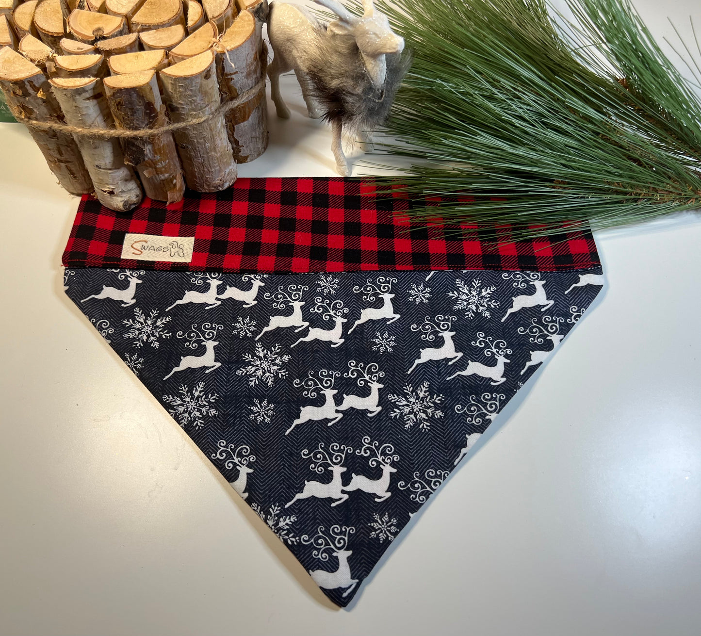 Red & Black Checkered with Flying Reindeer & Snowflakes