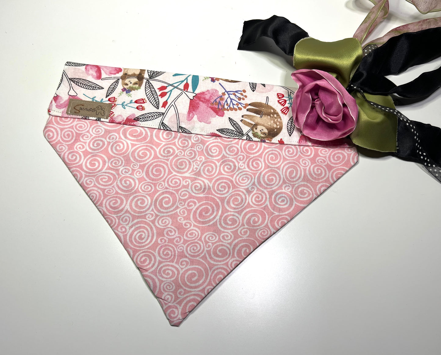 Pink Floral with Sloth on Pink with White Swirls