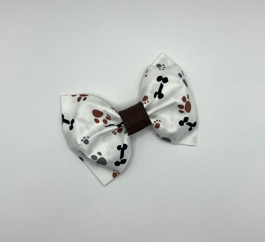 Paws & Bones on White with Black Center Bow Tie