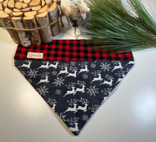 Red & Black Checkered with Flying Reindeer & Snowflakes