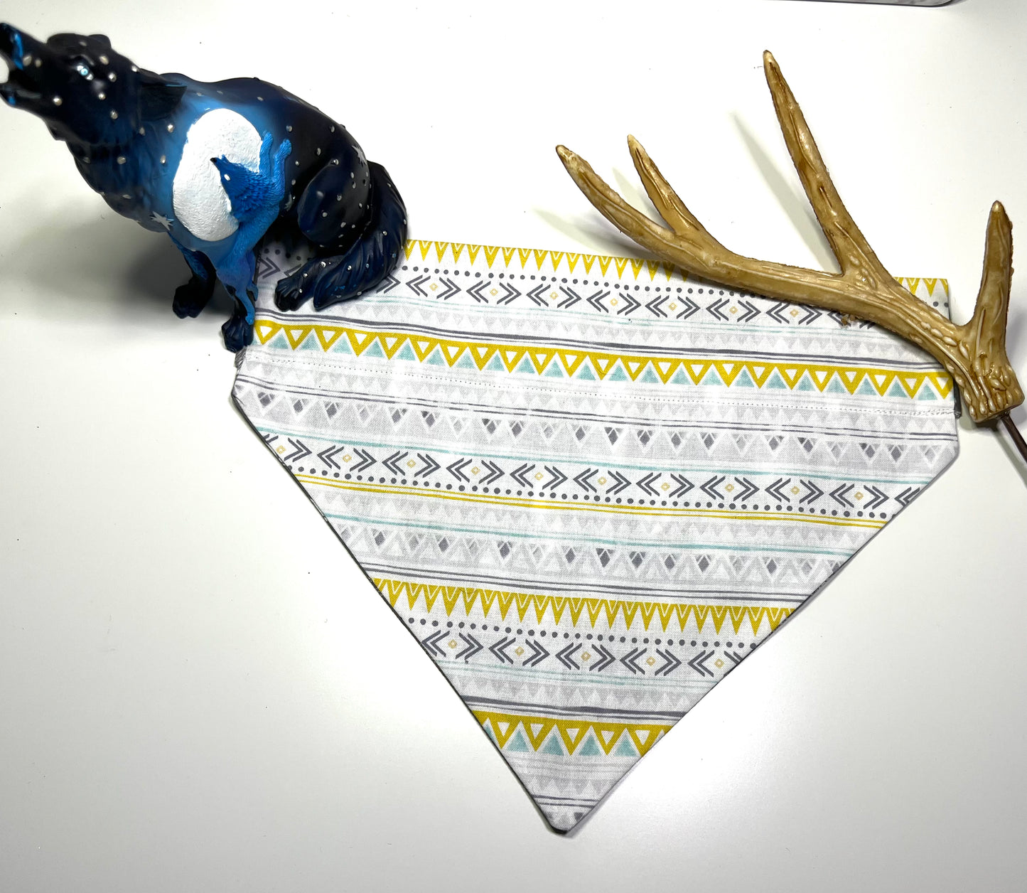 Yellow, Grey & White Aztec on Dark Grey with Feathers
