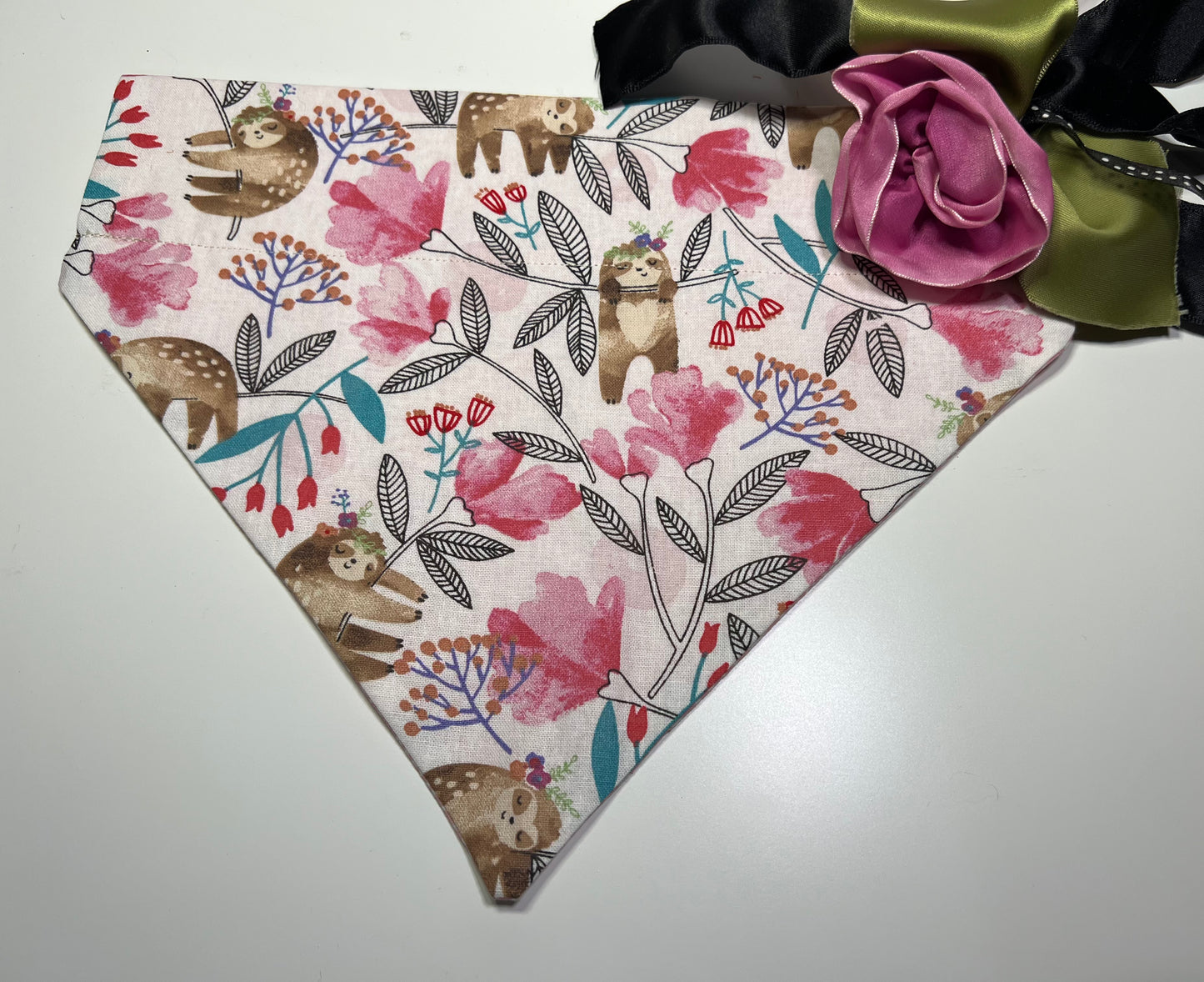 Pink Floral with Sloth on Pink with White Swirls
